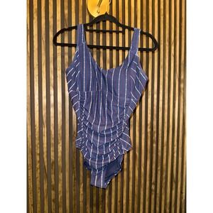 NIP TUCK SWIM‎ Blue Striped One Piece Swimsuit Ruched DD/E Cup